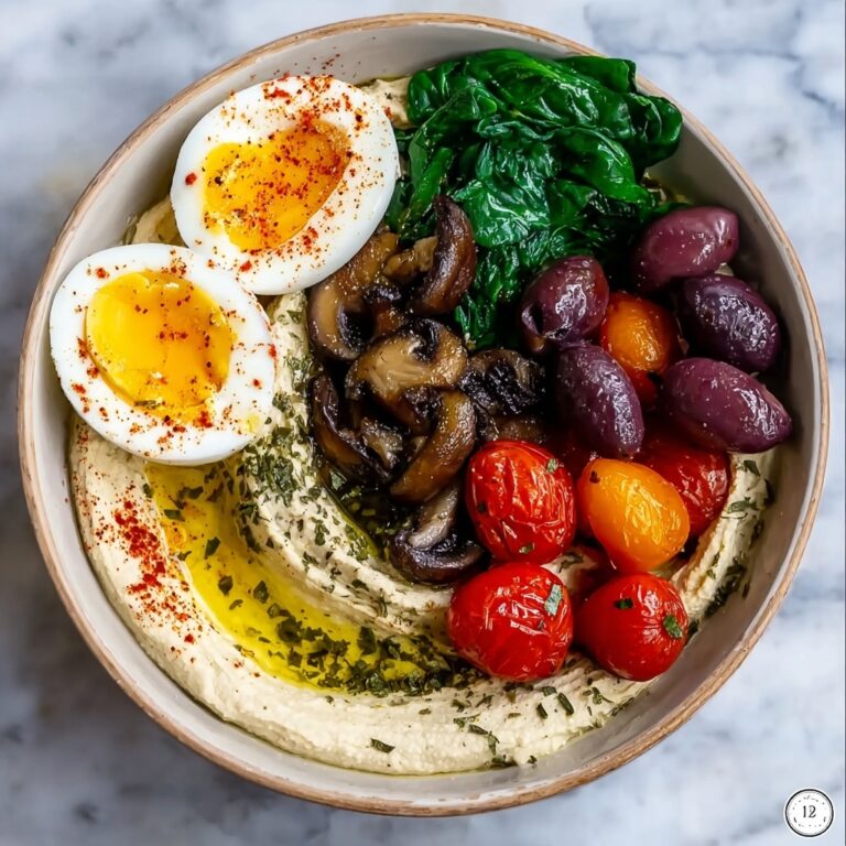 Savory Breakfast Bowls with Mushrooms, Cherry Tomatoes, Spinach, and Hummus Recipe